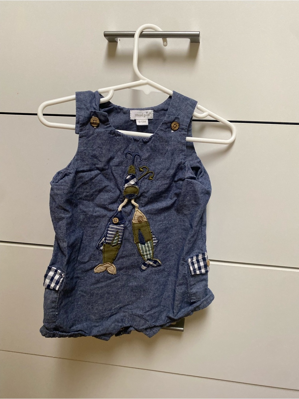 Mud Pie Blue Linen-Blend Tank Romper with Fish Appliqués